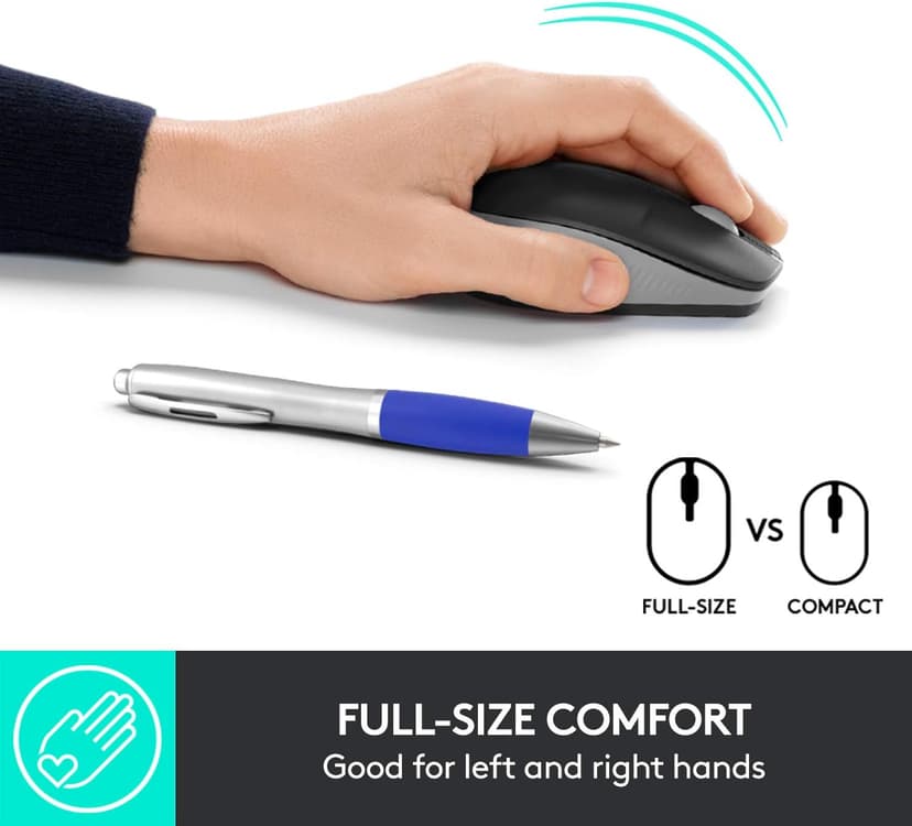 Logitech Wireless Mouse M190 - Full Size Ambidextrous Curve Design, 18-Month Battery with Power Saving Mode, Precise Cursor Control & Scrolling, Wide Scroll Wheel, Thumb Grips - Mid Grey