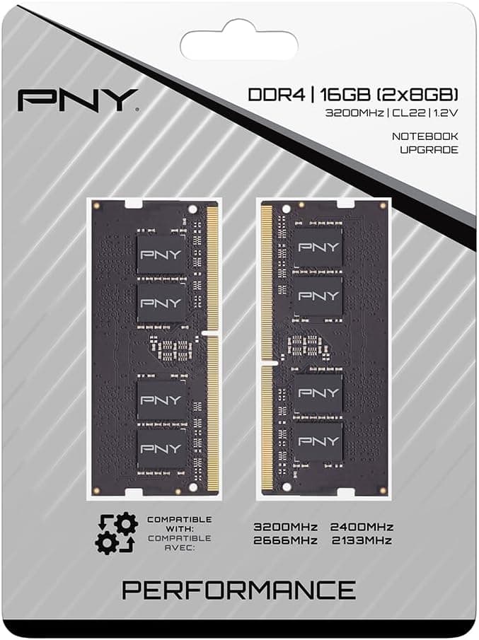 PNY Performance 16GB (2x8GB) DDR4 DRAM 3200MHz (PC4-25600) CL22 (Compatible with 2933MHz, 2666MHz, 2400MHz or 2133MHz) 1.2V Notebook/Laptop (SODIMM) Computer Memory Kit – MN16GK2D43200-TB