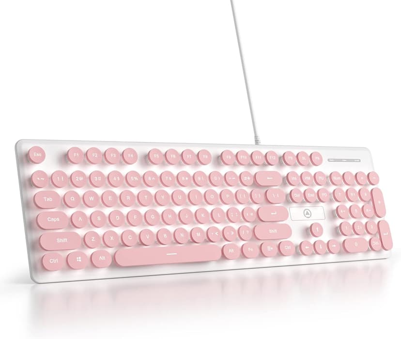 Wired Quiet Membrane Keyboard,Full Size 104-Keys Retro Punk Typewriter White LED Backlit ，USB Ultra Slim Gaming Keyboard with ABS Round keycaps for Windows/PC/Laptop (Pink)