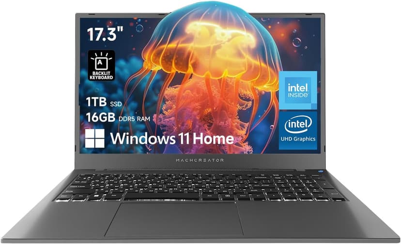 Machcreator Business Laptop, 17.3" FHD 120Hz, Intel Processor, 16GB DDR5 RAM, 1TB SSD, Backlit Keyboard, Large Touchpad, MicroSD Card Reader, Camera Shutter Switch, Wi-Fi, Win 11 Home, Grey