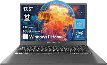 Machcreator Business Laptop, 17.3" FHD 120Hz, Intel Processor, 16GB DDR5 RAM, 1TB SSD, Backlit Keyboard, Large Touchpad, MicroSD Card Reader, Camera Shutter Switch, Wi-Fi, Win 11 Home, Grey