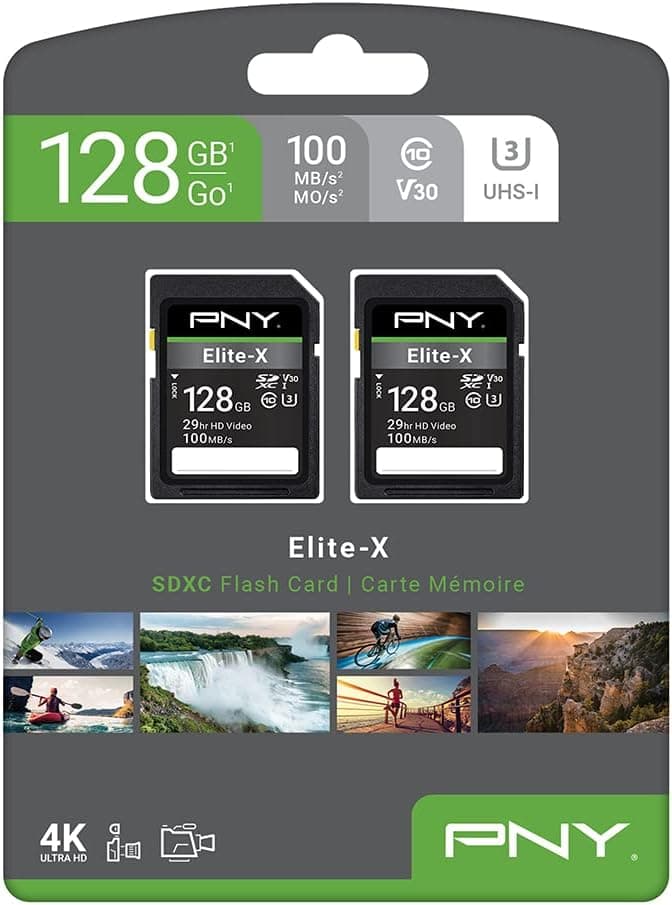 PNY 128GB Elite-X Class 10 U3 V30 SDXC Flash Memory Card - 100MB/s, Class 10, U3, V30, 4K UHD, Full HD, UHS-I, Full Size SD (Pack of 2)