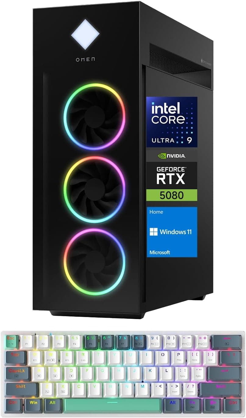 HP OMEN 45L GT22 AI Gaming Desktop, Intel Ultra 9 285k (>i9-14900F), RTX 4080 Super, 64GB DDR5 RAM, 4TB SSD, Black Glass Front, 1000W 80+ Gold PSU, Bundle with Machenike K500B RGB Keyboard