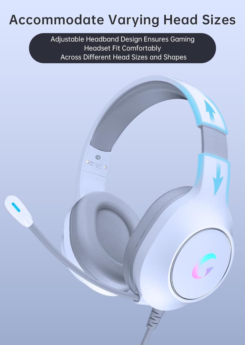CM7002 Gaming Headset for PS5, PS4, PC, Mac, Switch, Xbox Series, Surround Sound RGB Gaming Headphones with Noise Canceling Microphone, 50MM Dynamic Drivers, 3.5MM Audio Jack, Light White