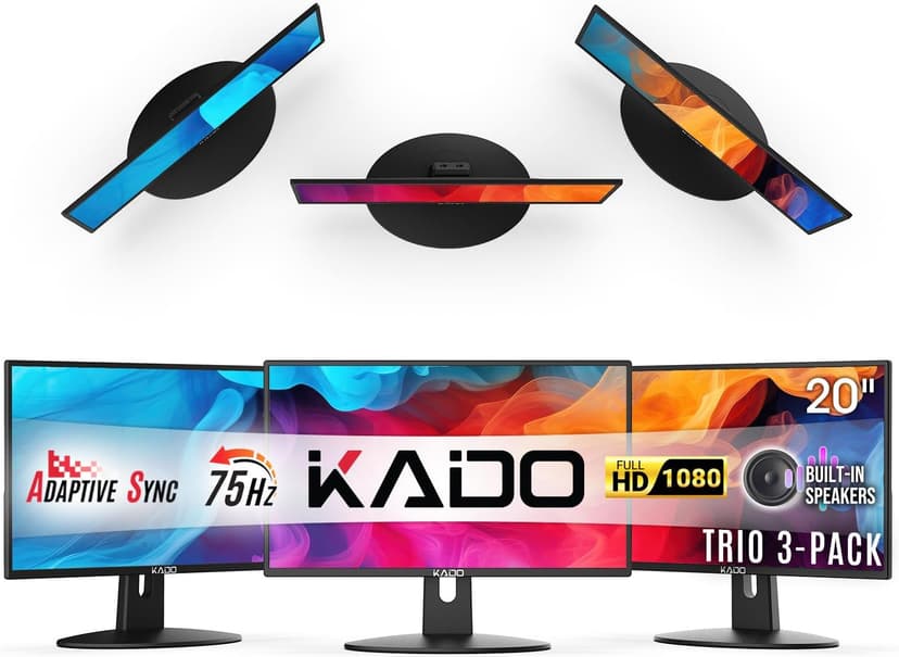 Kado Triple Monitor Setup - 3-Pack 20" 1600x900 Computer Monitor 75Hz HD+ VESA Mount VGA HDMI Office Gaming Hybrid Built-in Speakers (E20 Trio Series)