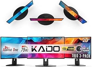 Kado Triple Monitor Setup - 3-Pack 20" 1600x900 Computer Monitor 75Hz HD+ VESA Mount VGA HDMI Office Gaming Hybrid Built-in Speakers (E20 Trio Series)