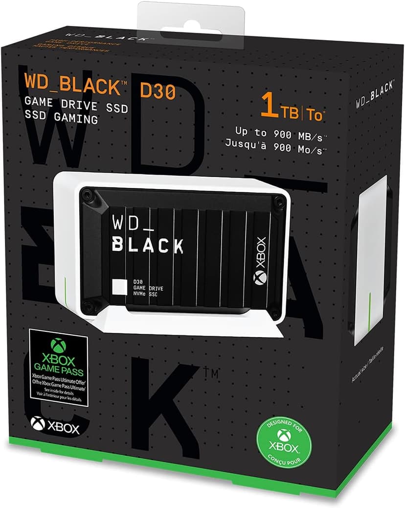 WD_BLACK 1TB D30 Game Drive SSD- Portable External Solid State Drive, Compatible with Xbox and PC, Up to 900MB/s - WDBAMF0010BBW-WESN