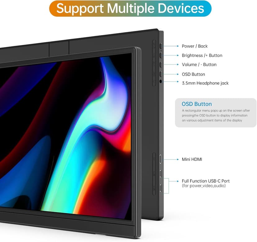 Portable Monitor 16.0inch FHD 1920 * 1200P USB C HDMI Ultra-Slim IPS Travel Display & Speakers, HDR Plug&Play, External Monitor for Laptop PC, Phone,Mac