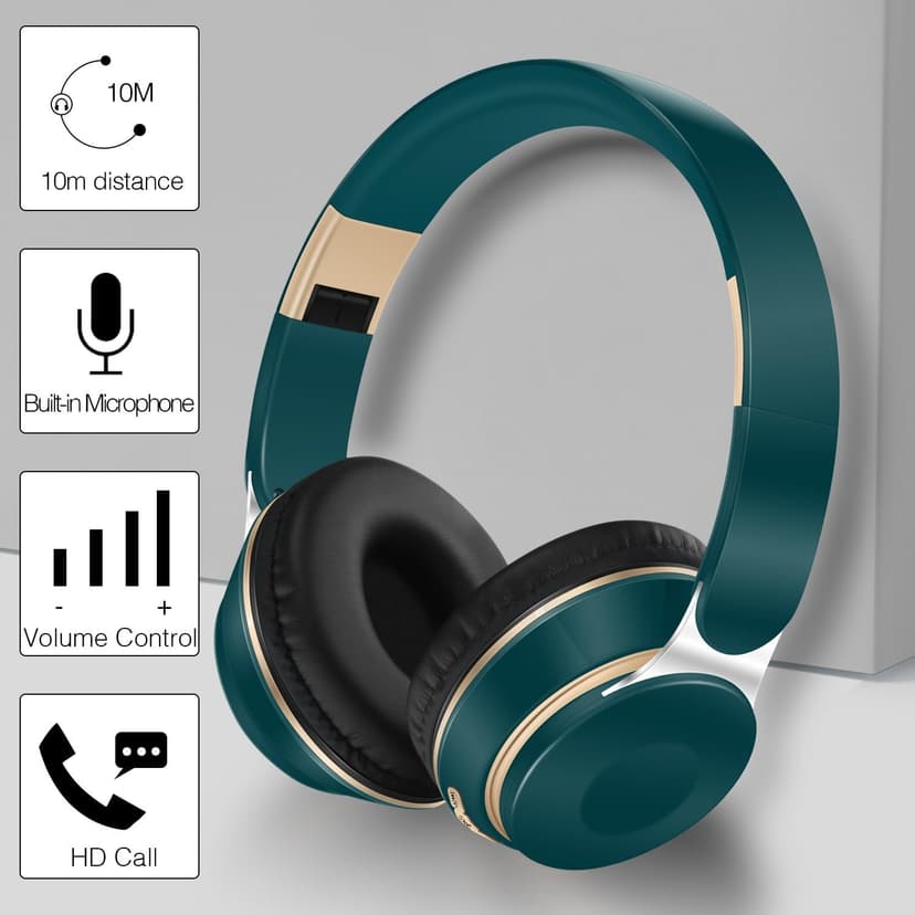 RAT TAIL Bluetooth Headset, Chat- Comfortable Over Ear Stereo Wireless Headphones with Mic, Soft Earmuffs/Foldable/SD/TF/FM Radio, 20H Playtime, Great for Music/Tour/Gym/Game/Chat (Deep Green)