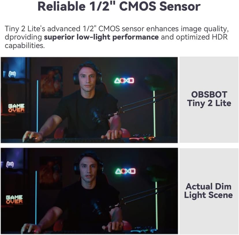 OBSBOT Tiny 2 Lite AI-Powered 4K UHD PTZ Webcam,1/2" CMOS 4X Digital Zoom AI Auto Tracking with Auto Zoom Gesture Control 2.0, LiveStream for Game/Meeting/Online Educate, W Mini Tripod