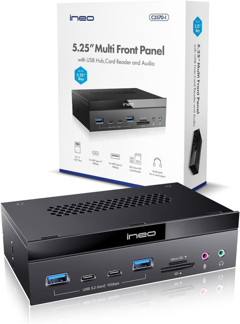 ineo 5.25" 10Gbps USB 3.2 Front Panel Card Reader with Audio Ports - SD/microSD Internal Reader, USB3.2 Type-E Key-A 20-Pin & USB3.0 Header, 15-Pin SATA Power[3570I]