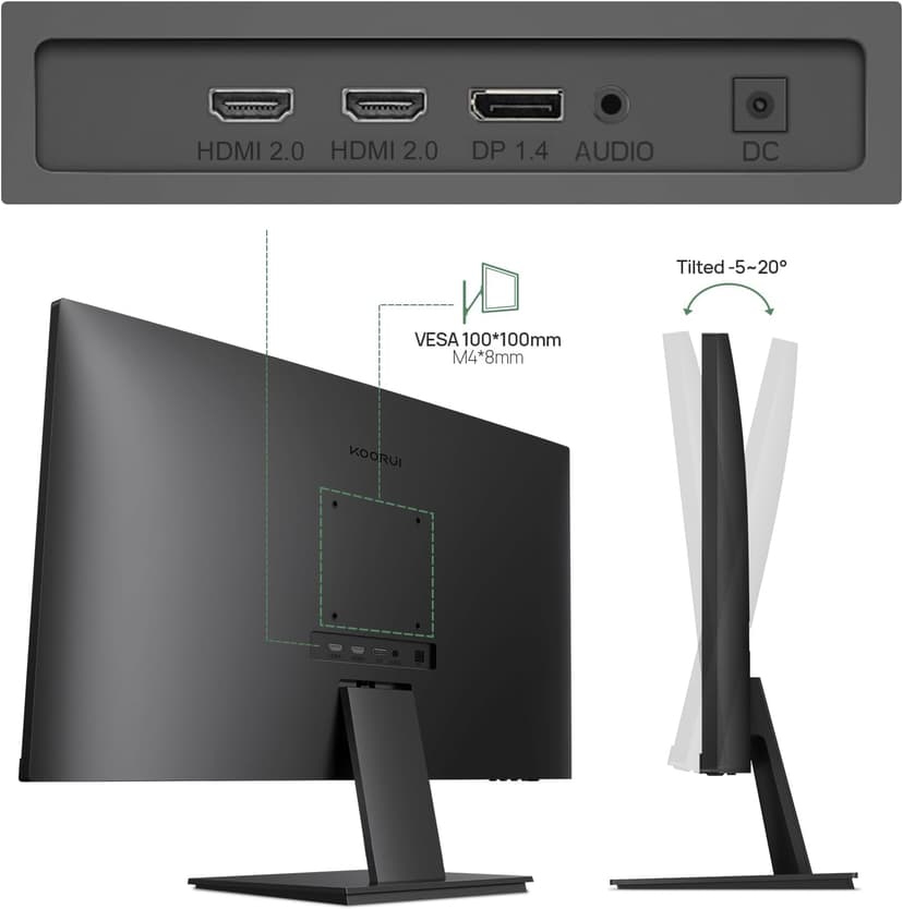 KOORUI 27 Inch 4K Monitor Computer UHD(3840 * 2160) IPS Display, 99% sRGB, 95% DCI-P3, 1.07 Billion Colors, Freesync & G-sync, Displayport & 2X HDMI, VESA 100 * 100mm, Tilt -5 to 20°, Audio Out (N07)