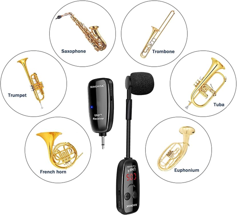 XIAOKOA UHF Wireless Instruments Microphone,Saxophone Microphone,Wireless Receiver and Transmitter,164ft Range,Plug and Play,Great for Trumpets, Clarinet, Cello