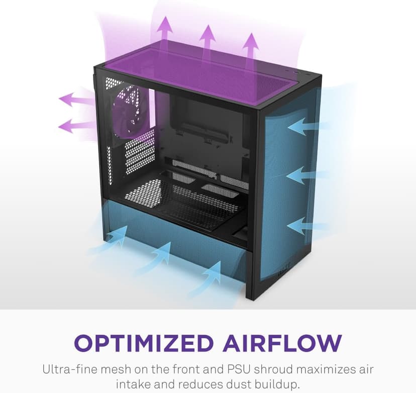 NZXT H3 Flow – Micro-ATX PC Case – Optimized Airflow – Includes 1 x 120mm Rear Fan – Supports Full-Sized GPUs – Fits 280mm Front, 240mm Top Radiator – Back-Connect Motherboard – Black