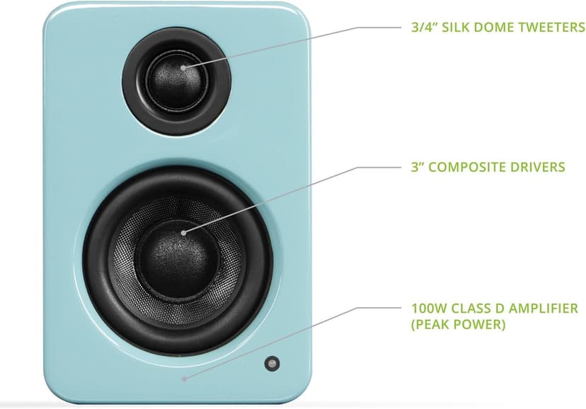 Kanto YU2GT PC Gaming Desktop Speakers | 3" Composite Drivers | 3/4" Silk Dome Tweeter | Class D Amplifier | 100 Watts | Built-in USB DAC | Subwoofer Output | Pair | Gloss Teal