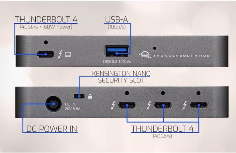 OWC 5 Port Thunderbolt Hub - 60W Charging, (3) Thunderbolt 4 (USB-C) Ports, (1) USB 3.2 Gen 2 Type-A Port, Dual Display suppor, Compatible with Macs and PC's