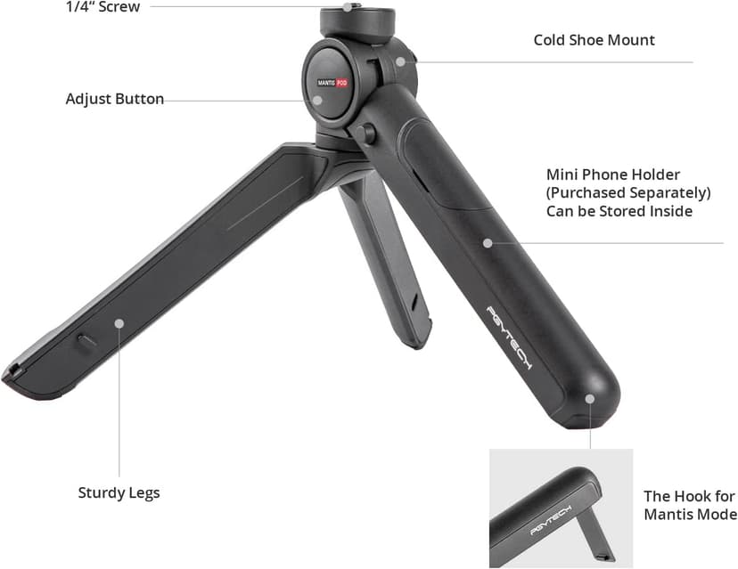 PGYTECH MANTISPOD 2.0 Mini Camera & Cell Phone Vlogging Tripod | 5 Modes Small Travel Flexible DSLR Pocket Stand | Video Vlog Desktop Shooting Selfie Mount Black