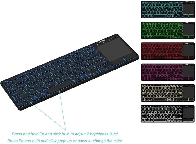 Arteck Universal Backlit 7-Colors Bluetooth Touch TV Keyboard with Easy Media Control and Build-in Touchpad for TV-Connected Computer, Smart TV, Desktop, Laptop, iPad, Surface, Tablet, HTPC