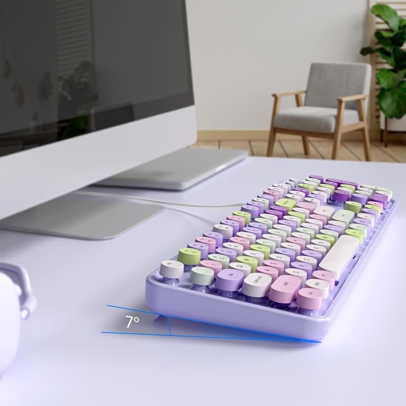 Computer Keyboard Wired, Plug and Play USB Retro Round Typewriter Keyboard, Full Size Wired Keyboard with Foldable Stands for Laptop and Office PC- Purple Colorful