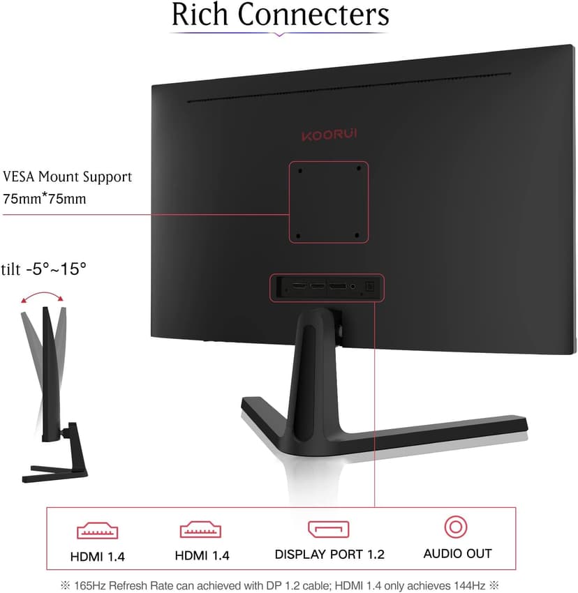 KOORUI 24 Inch Computer Monitor -FHD 1080P Gaming Monitor 165Hz VA 1ms, AdaptiveSync Technology, LED Monitors with Ultra-Thin, HDMI X2 /DP, VESA Compatible, Tilt Adjustable, Eye Care 24E4
