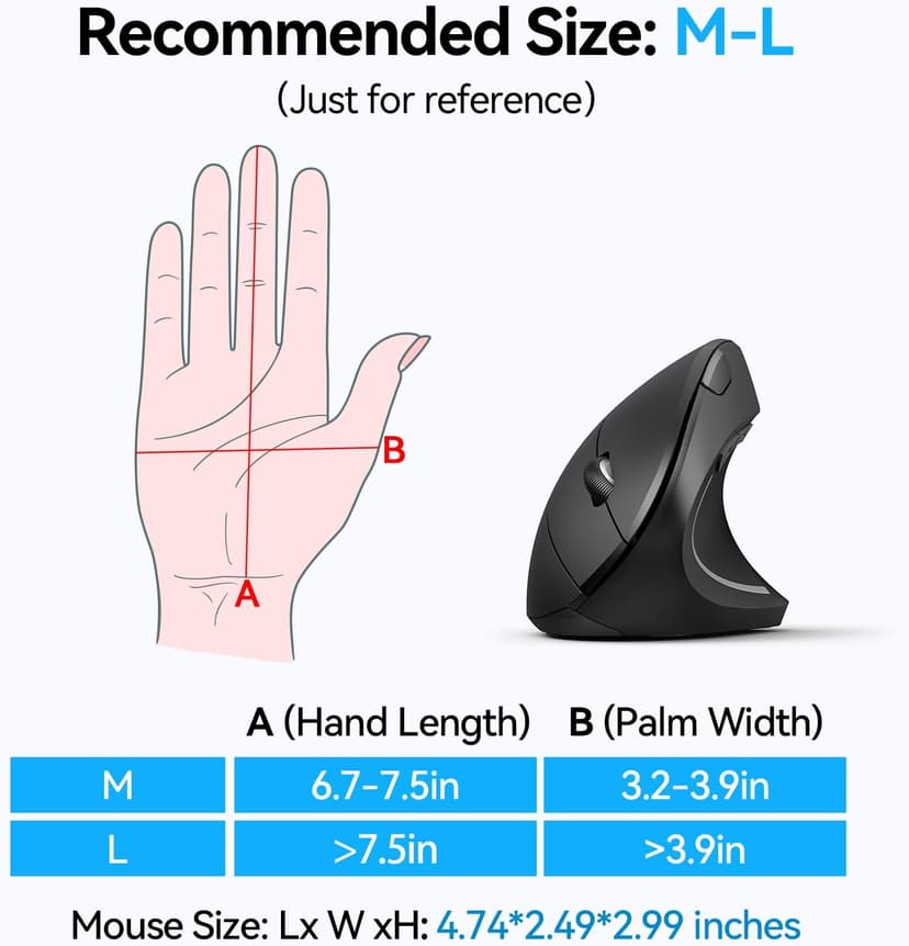 TECKNET Ergonomic Mouse, Wireless Bluetooth Vertical Mouse, 4800 DPI Optical Tracking, 6 Adjustable DPI, Quiet Clicks, 2.4GHz with USB A Receiver, 6 Buttons, Wide Compatibility - Black
