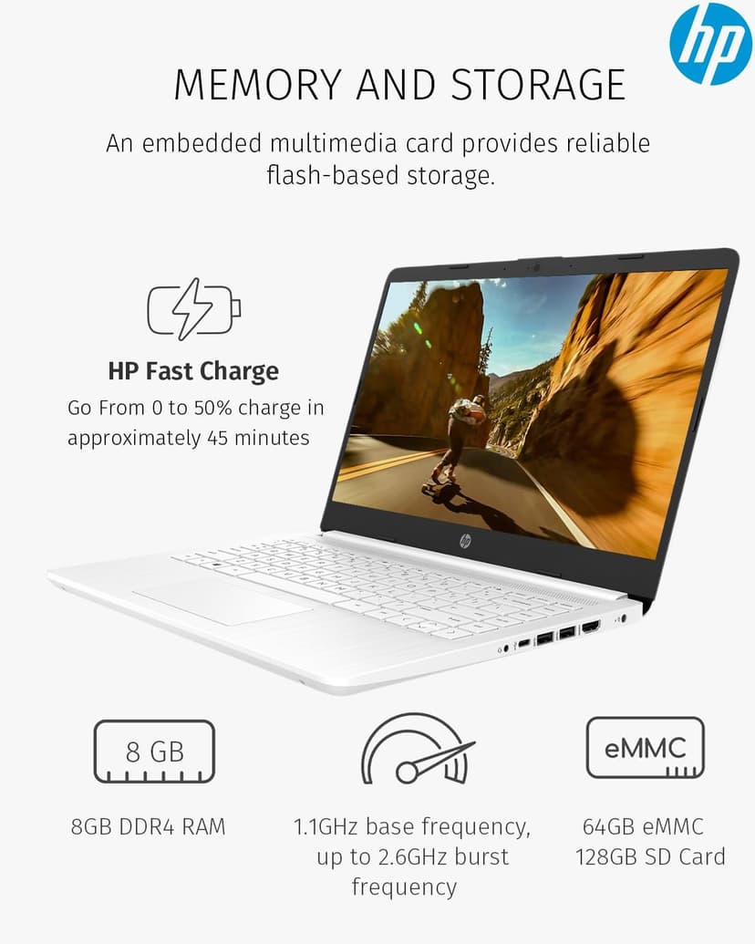 HP 14 inch Laptop Computer,Thin Lightweight 14 Laptop College Students,Intel Notebook Computer PC,8GB RAM 64GB eMMC+128GB SD Card,Windows 11 Laptop Microsoft Office 1Y,Camera,Long BatteryLife,White