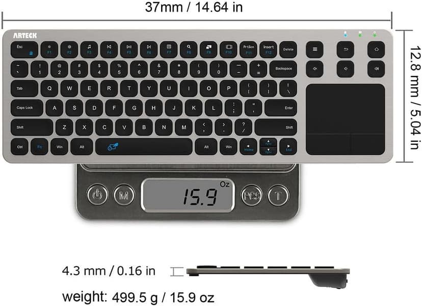 Arteck 2.4G Wireless Touch TV Keyboard with Easy Media Control and Built-in Touchpad Mouse Solid Stainless Ultra Compact Full Size Keyboard -Connected Computer, Smart TV, HTPC
