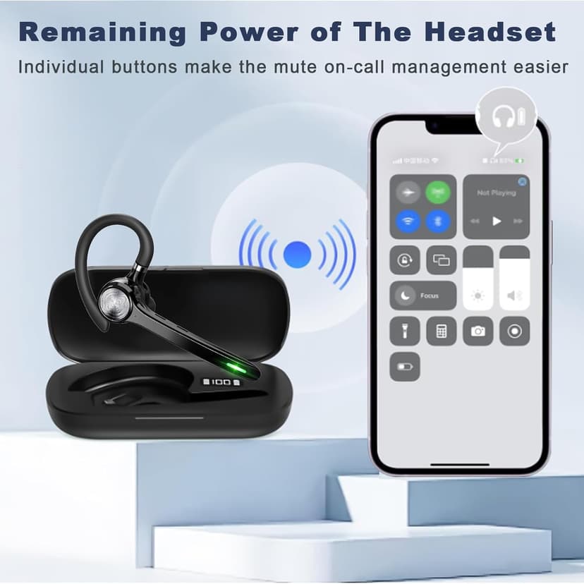 Bluetooth Headset, Wireless Bluetooth Earpiece with 500mAh Charging Case 72 Hours Talking Time Built-in Microphone for iOS Android Cell Phone, V5.1 Hand-Free Headphones for Trucker, Office-Dark