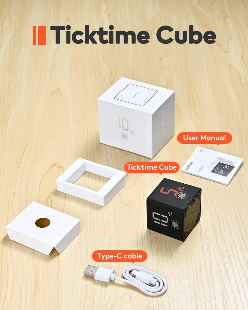 Pomodoro Timer Cube, Productivity Timer, Pause & Resume, Silent, Vibrate & Adjustable Sound Alert, for ADHD, Task, Work, Study, 1/3/5/10/15/25/45/60min & Custom Countdown, Black