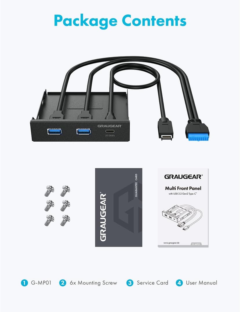 GRAUGEAR 3.5 Inch Front Panel USB Hub, Internal USB Hub with 20Gbps USB3.2 Gen2 USB-C and USB 3.0 Ports, USB3.2 Type-E Key-A 20-Pin Header & USB3.0 Header Required, Fits 3.5" PC Computer Case [G-MP01]