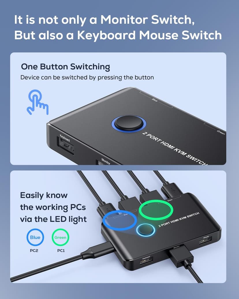 KVM Switch HDMI 2 Port Box,ABLEWE USB and HDMI Switch for 2 Computers Share Keyboard Mouse Printer and one HD Monitor,Support UHD 4K@60Hz,with 2 USB Cable and 2 HDMI Cable