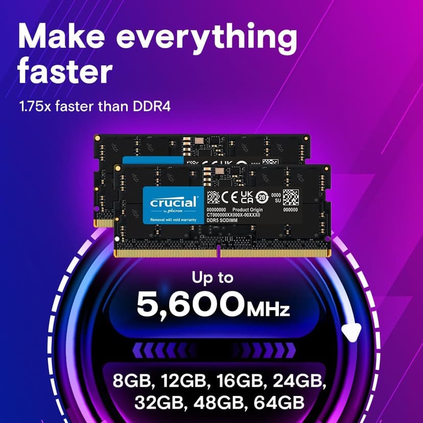 Crucial 16GB DDR5 RAM, 5600MHz (or 5200MHz or 4800MHz) Laptop Memory, SODIMM 262-Pin, Compatible with 13th Gen Intel Core and AMD Ryzen 7000 - CT16G56C46S5