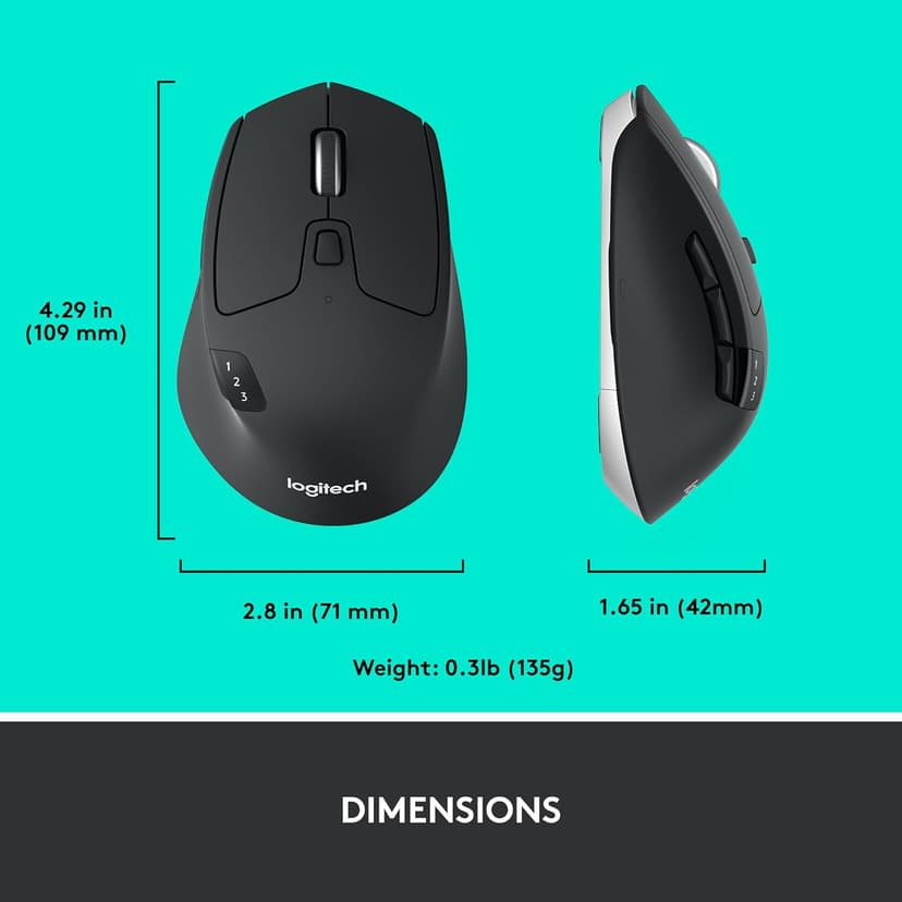 Logitech M720 Triathlon Wireless Mouse, Bluetooth, USB Unifying Receiver, 1000 DPI, 6 Programmable Buttons, 2-Year Battery, Compatible with Laptop, PC, Mac, iPadOS - Black