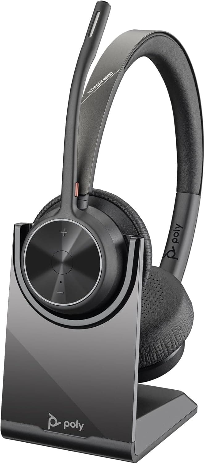 Poly - Voyager 4320 UC Wireless Headset + Charge Stand (Plantronics) - Headphones with Boom Mic - Connect to PC/Mac via USB-A Bluetooth Adapter, Cell Phone via Bluetooth - Works with Teams, Zoom &More