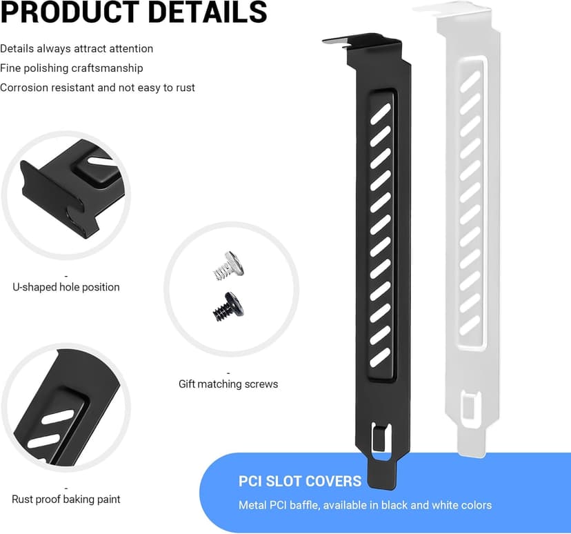 PCI Slot Cover with Screws for Computer PC Case Accessories, 5Pcs Hard Steel PCI Slot Covers Dust Filter Bracket Expansion Blank Plate Vented and Dustproof (120*20mm, Black, 5Pack)