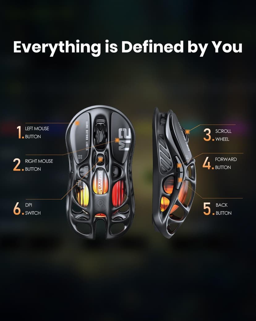 GravaStar Mercury M2 Wireless Gaming Mouse with 26,000 DPI, PAW3395DM Sensor -79g Lightweight Hollowed-Out Design -5 Programmable Buttons -5 Dynamic Lightsync RGB