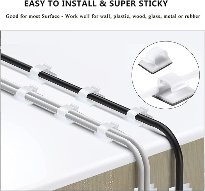 White Cable Management Organizer Kit, 2 Wire Sleeve Protector, 41 Self Adhesive Cable Clips Holder, 10pcs+2 Roll Reusable Cable Ties and 100 Cable Zip Ties for TV Computer Cord Tidy Under Desk