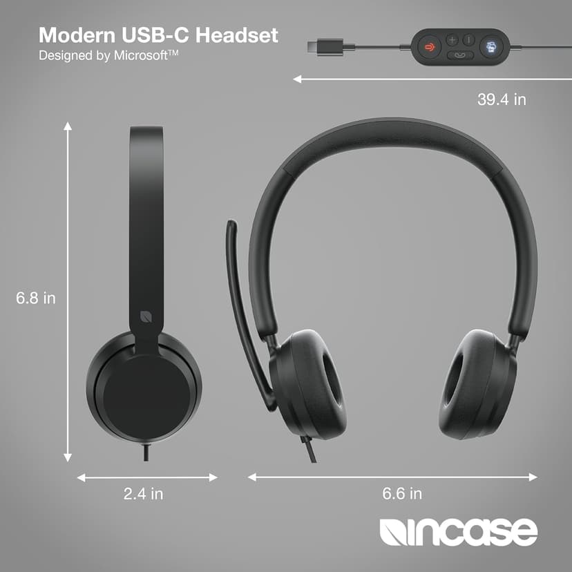 Incase Modern USB-C Headset - Designed by Microsoft - Wired USB-C Connection, On-Ear Stereo Headphones, Noise Cancelling Mic & Volume Controls, Teams Certified, Optimized Mic & Speakers - Mac/Windows