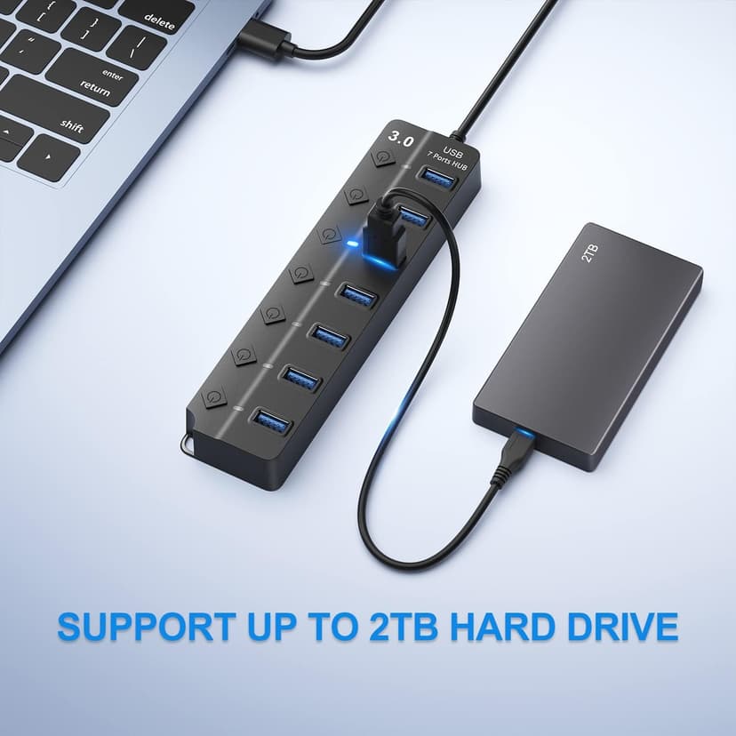 USB Hub 3.0, 7-Port USB Hub Splitter with Individual On/Off Switches and Lights, 3.2ft/1m Long Cable Compatible with MacBook, Laptop, Surface Pro, PS4, PC, Flash Drive, Mobile HDD