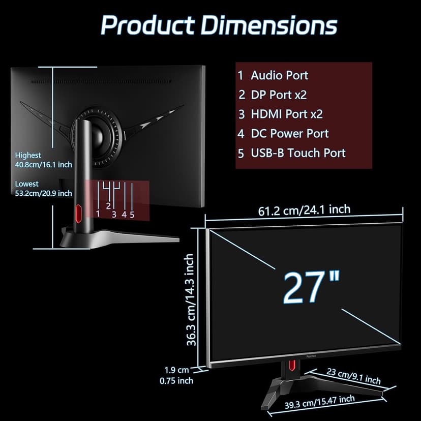 Touchscreen Gaming Monitor 27 Inch 4K UHD(3840x2160) IPS Computer Monitor, 60Hz, Ultra-Thin Bezel, HDMI, DisplayPort, 400 cd/㎡, VESA, Tilt Adjustable
