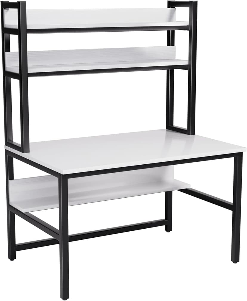 Aquzee Computer Desk with Shelves, 47" W x 23.6" D Gaming Desk with Hutch and Bookshelf, White Study Table for Bedroom Space Saving with 3 Tier Storage Shelf, Home Office Desk for Writing Work