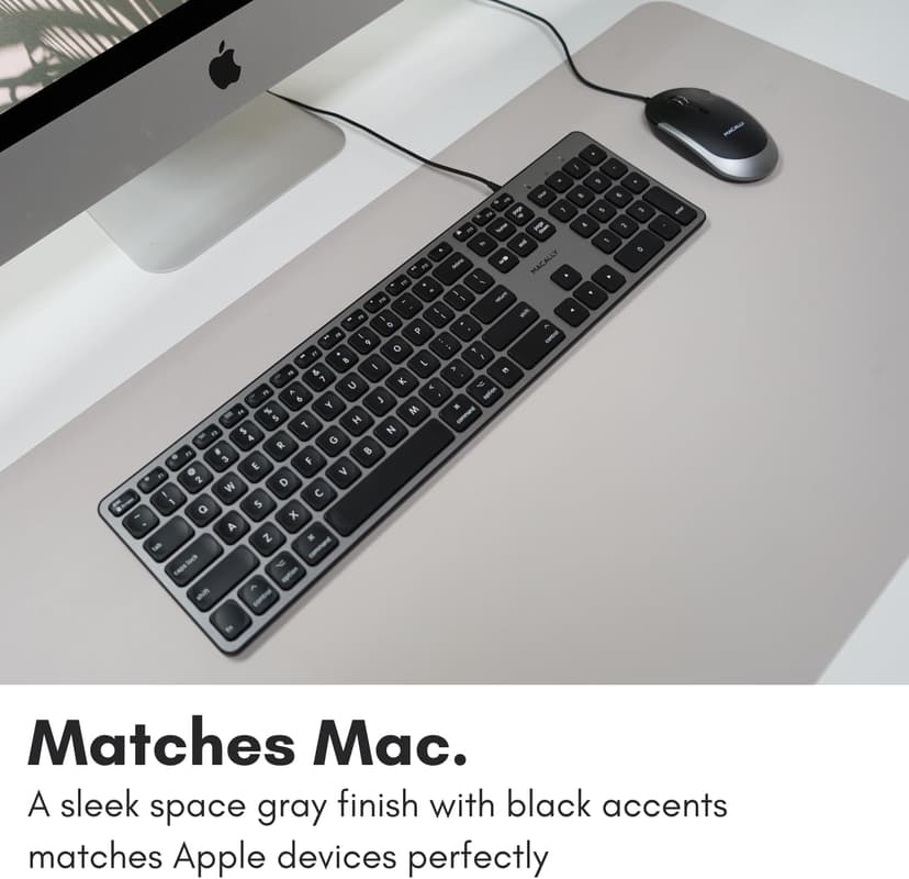 Macally Backlit Mac Keyboard - Quiet, Sleek, and Functional - 3 Brightness Levels, 107 Keys, 5ft USB Wired - Apple Keyboard - Backlit Wired for Mac, iMac, MacBook Pro/Air - Space Gray
