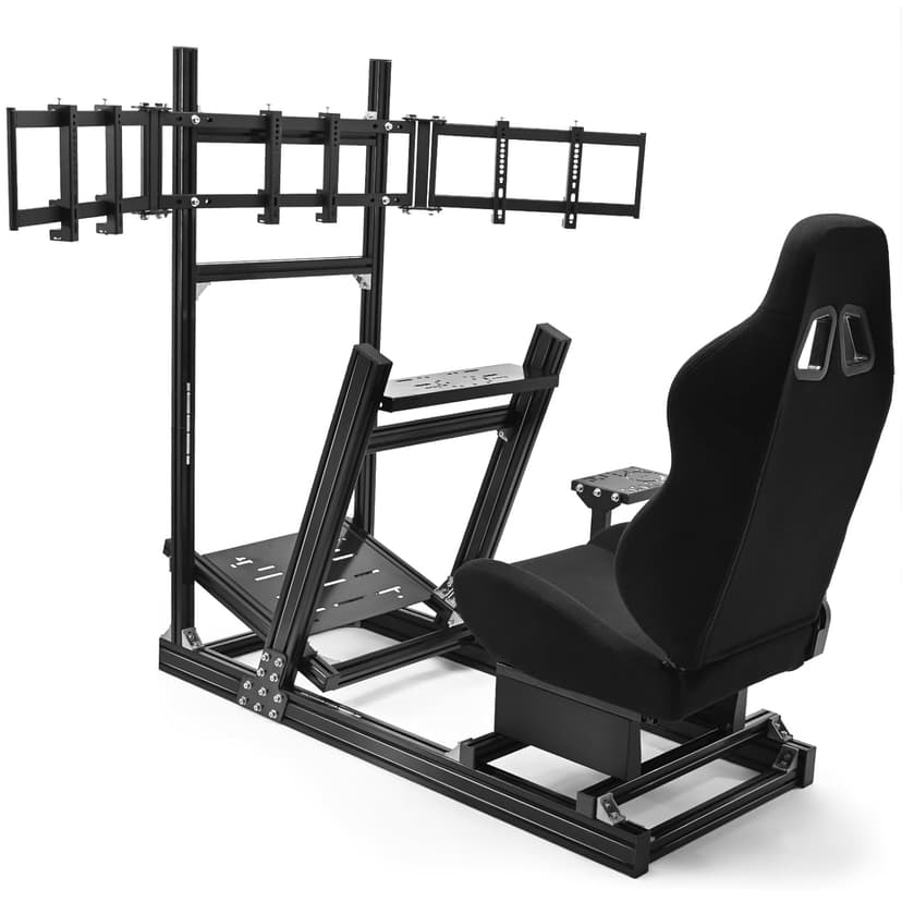 Supllueer 8040 Aluminum Racing Simulator Cockpit with 3 Monitor Stand and Black Seat,Universal and adjustable Cockpit, Compatible with Logitech/Thrustmaster/Fanatec/Moza Direct Drive Motors Wheels