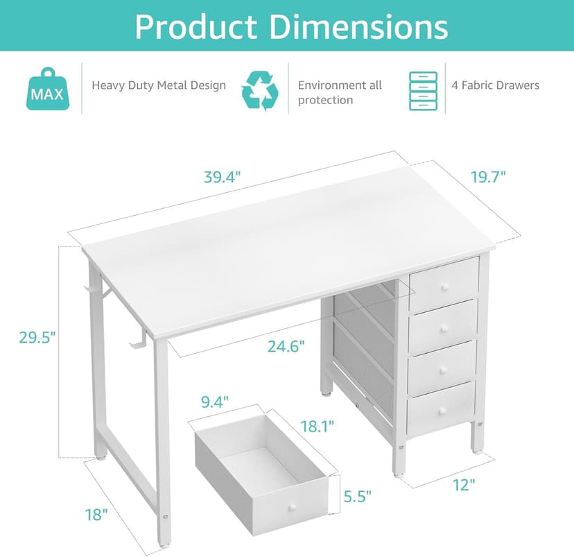 Lufeiya Small White Desk with Drawers for Bedroom, 40 Inch Kids Girls Study Desks, Reversible Computer Writing Nail Table with Fabric Drawer for Small Spaces Home Office Manicure