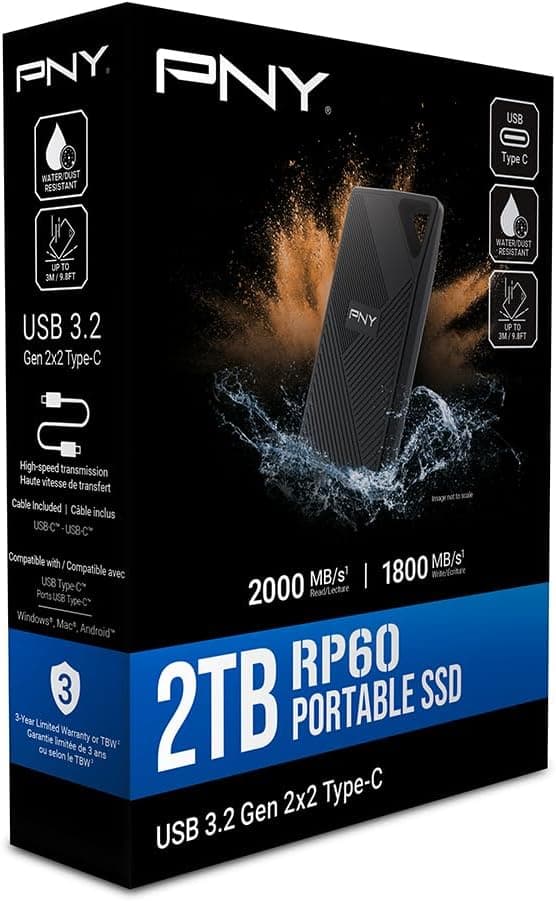 PNY RP60 2TB Portable SSD - Up to 2000MB/s, USB-C, USB 3.2 Gen2x2 - Rugged, IP65 Rated, Water/Dust/Drop Resistant - For Photos, Videos, Gaming and more - External Solid-State Drive - PSD0CS3060-2TB-RB