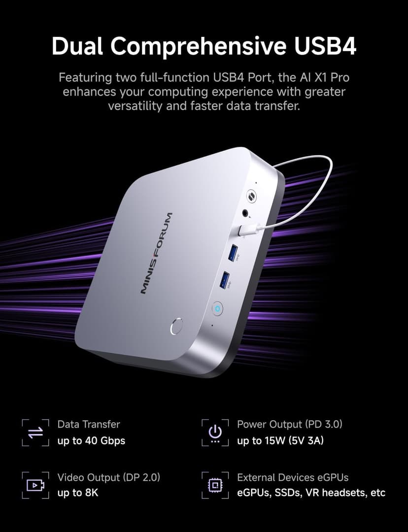 MINISFORUM AI X1 Pro-370 Mini PC AMD Ryzen AI 9 HX 370(12C/24T) 96GB DDR5 2TB SSD Desktop Computer, HDMI|DP|2xUSB4 Output, 2xRJ45 Port, WiFi7, BT5.4, AMD Radeon 890M Graphics, Copilot Support AI PC