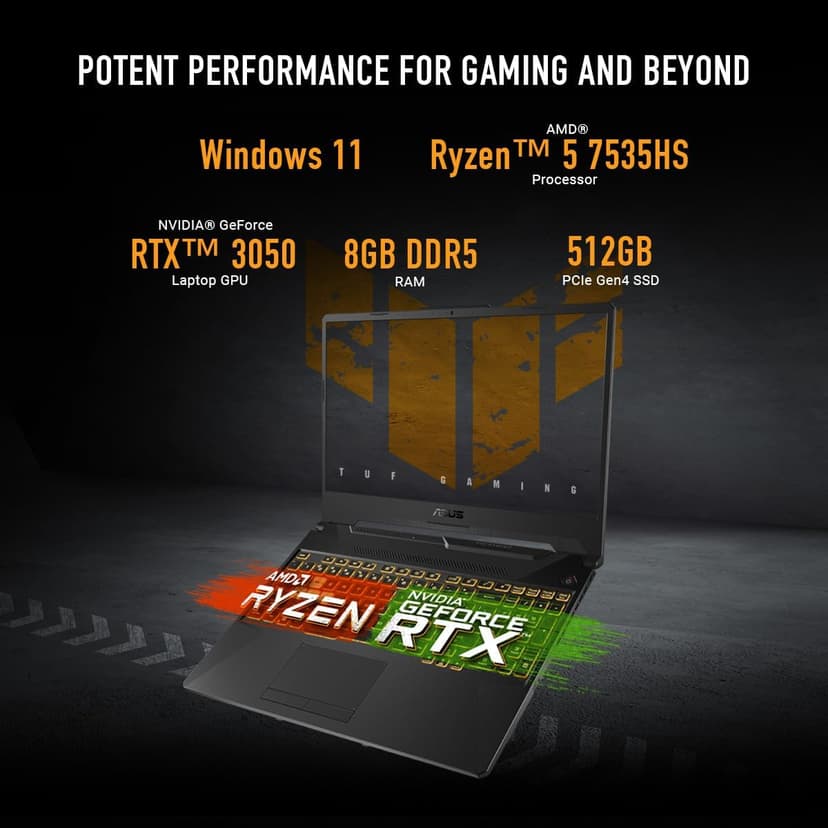 ASUS TUF Gaming A15 Gaming Laptop, 15.6” FHD 144Hz Display, NVIDIA® GeForce RTX™ 3050, AMD Ryzen™ 5 7535HS, 8GB DDR5, 512GB PCIe® Gen4 NVMe™ SSD, Wi-Fi 6, Windows 11, FA506NC-ES51