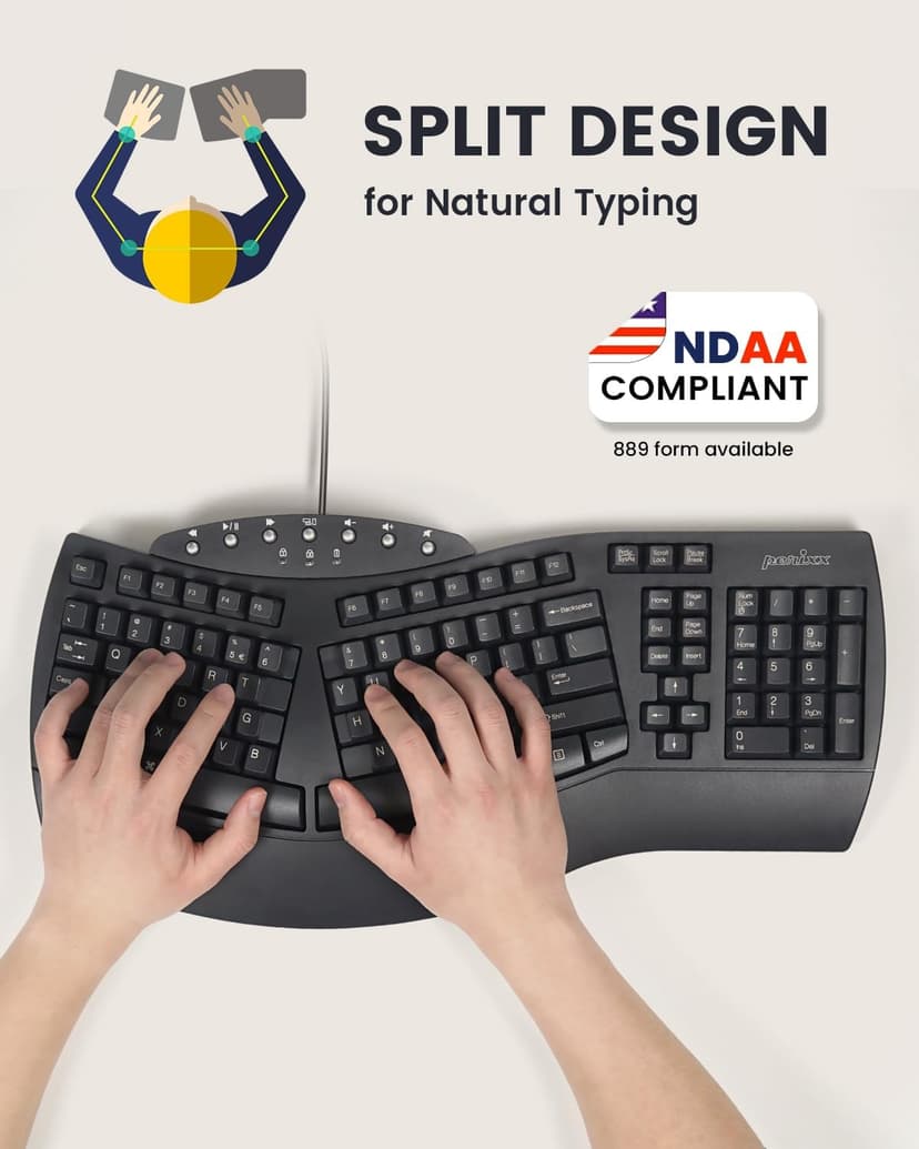 Perixx PERIBOARD-512B Wired Ergonomic USB Keyboard - Bulky 19.1x9.3x2 inches Split Design - Black - NDAA Compliant - US English