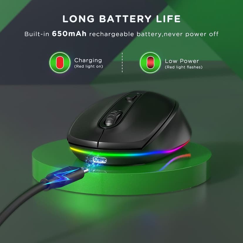 seenda Rechargeable Wireless Mouse -Light Up Mouse for Laptop, Small Cordless Mice with Quiet Click & LED Lights for Kids' Chromebook, Windows, Mac PC Computer - Black