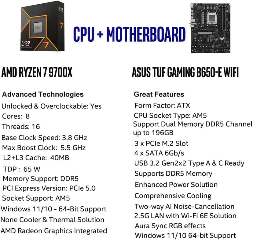 Micro Center AMD Ryzen 7 9700X CPU Processor with ASUS TUF Gaming B650-E WiFi AMD B650 AM5 ATX Motherboard
